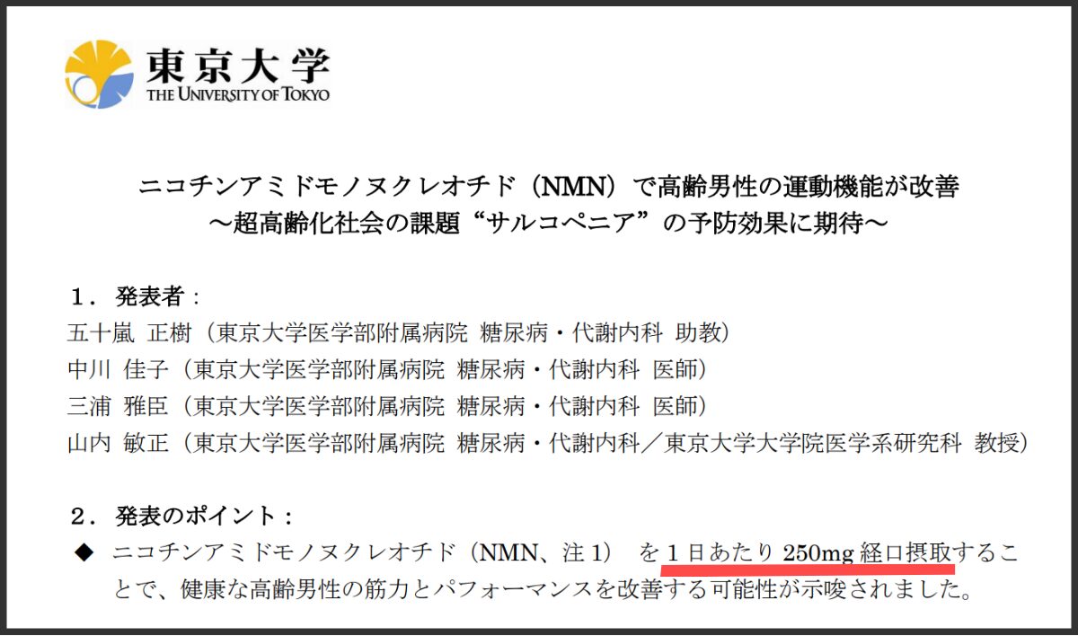 1粒あたりのNMN配合量 東京大学の研究結果